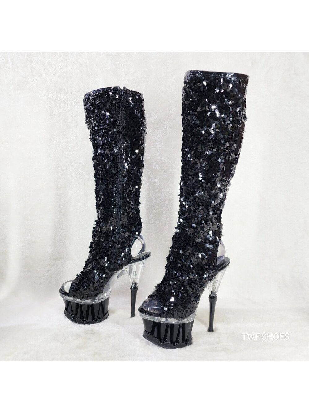 Pleaser Spiky Black Sequin Knee Boots Spiked Design Platform - Picture 9 of 12